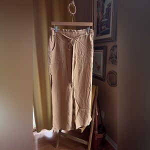 GULSELİ Tan Linen Blend Tie Waist Cropped Wide Leg Pants, Size 38 M, Casual